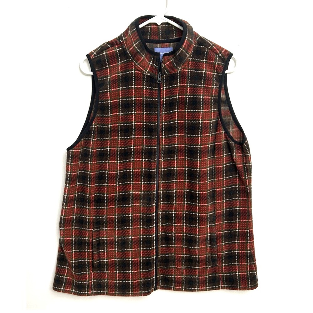 Laura Scott Plaid Zip-Up Vest Women's Size XL Red Black Green Cozy Pockets